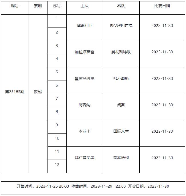 11月24日-30日足彩赛程：5期竞猜 欧冠欧罗巴回归-第11张图片-足球直播_足球免费在线高清直播_足球视频在线观看无插件-24直播网